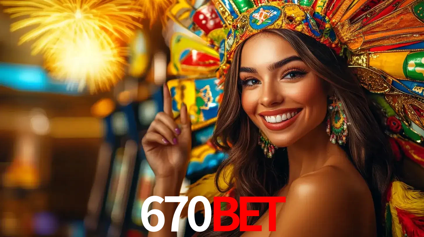 Mulher sorridente com um cocar de carnaval vibrante e colorido, celebrando uma grande vitória nos jogos do cassino 670BET com fogos de artifício ao fundo.