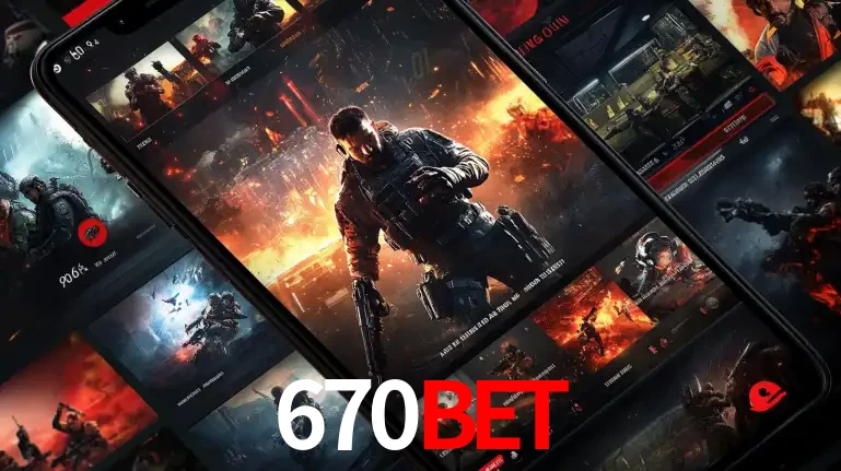 Tela de um celular exibindo uma galeria de jogos de tiro com temática militar, mostrando a variedade de e-sports disponíveis para apostas na plataforma de entretenimento 670BET.