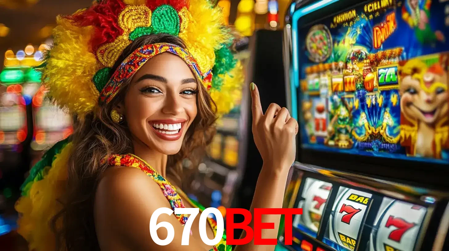 Mulher animada com um cocar de carnaval apontando para uma máquina de caça-níqueis, mostrando a emoção de ganhar um grande prêmio nos jogos do 670BET.
