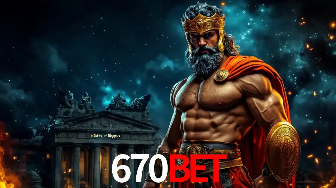 O poderoso Zeus do jogo de slot Gates of Olympus em frente ao seu templo, pronto para lançar multiplicadores divinos e prêmios épicos no cassino online 670BET.