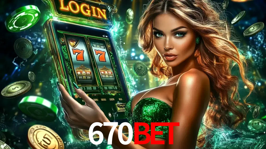 Mulher com tema verde apresentando o aplicativo do cassino 670BET com um jogo de slot de 777, cercada por fichas de cassino e uma aura de sorte.