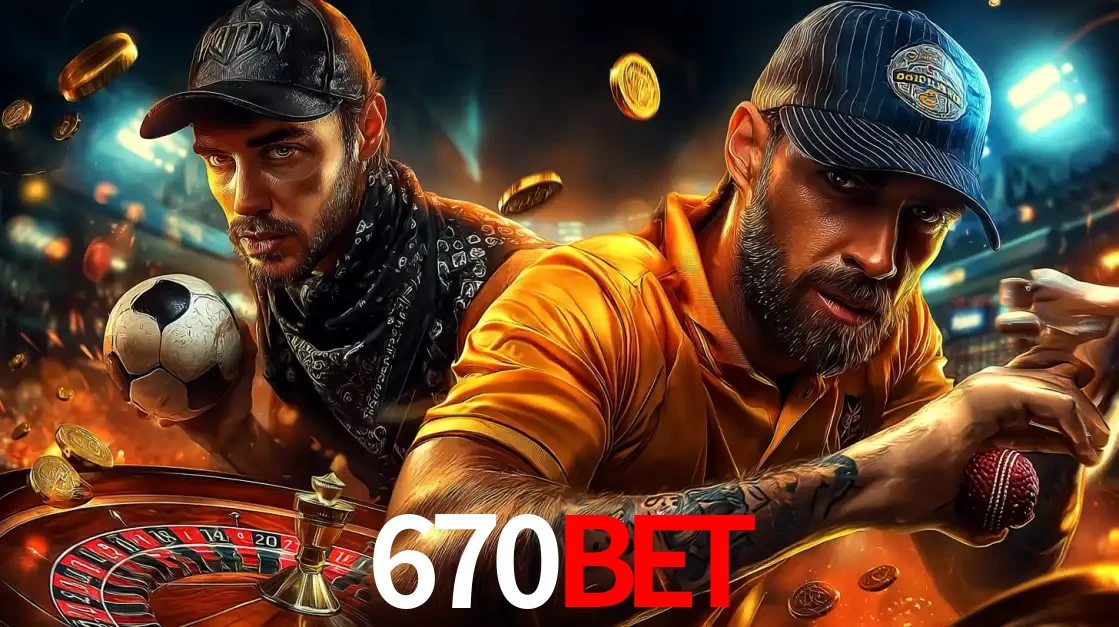 Montagem de apostas esportivas e cassino no 670BET, com um homem segurando uma bola de futebol e outro uma de beisebol sobre uma roleta e moedas voadoras.