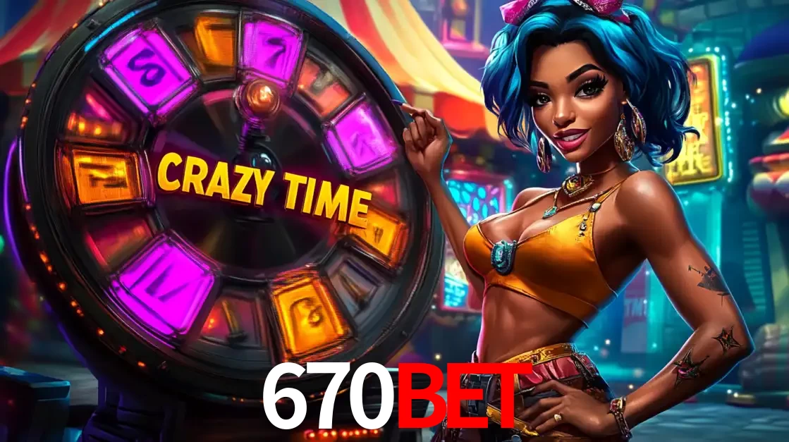 Mulher estilizada com cabelo azul e visual vibrante posando ao lado da roda de prêmios do game show Crazy Time, convidando para a diversão e os bônus do cassino 670BET.