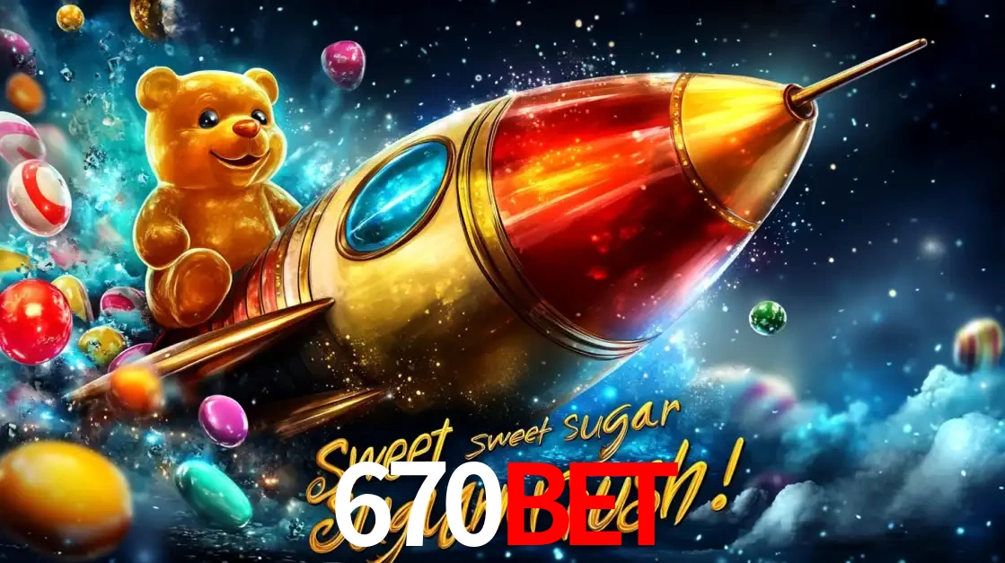 Arte promocional do jogo de slot Sugar Rush, com um urso de pelúcia em um foguete viajando pelo espaço de doces, um dos jogos divertidos disponíveis no cassino 670BET.