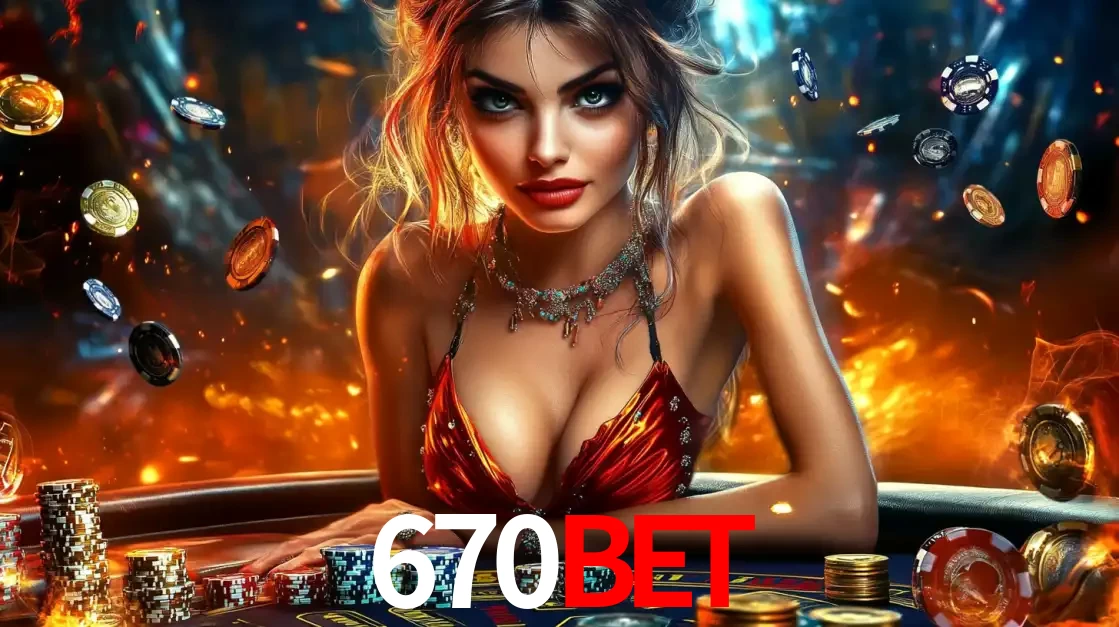 Mulher em uma mesa de cassino com pilhas de fichas e um fundo de fogo, pronta para uma rodada de altas apostas nos jogos de mesa emocionantes do cassino 670BET.