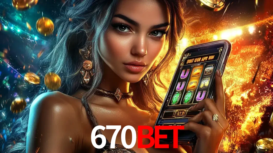 Mulher elegante mostrando um jogo de caça-níqueis em seu smartphone, destacando a experiência de cassino móvel oferecida pelo aplicativo 670BET.