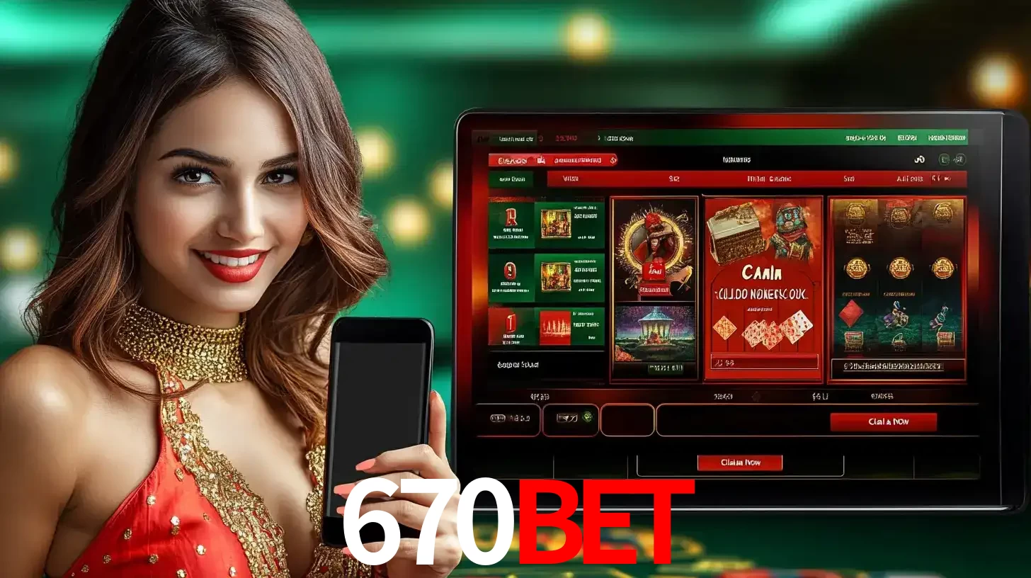 Mulher sorridente segurando um smartphone, ao lado de uma tela exibindo o lobby de jogos do cassino online 670BET, com várias opções de jogos de cartas e slots.